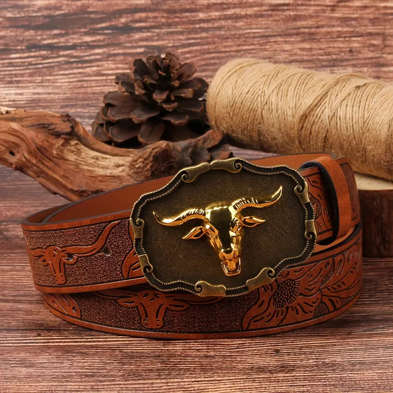 Retro bull head buckle belt