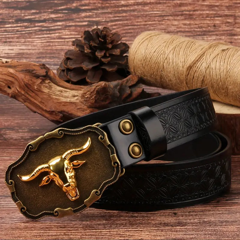 Retro bull head buckle belt