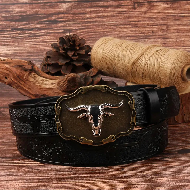 Retro bull head buckle belt
