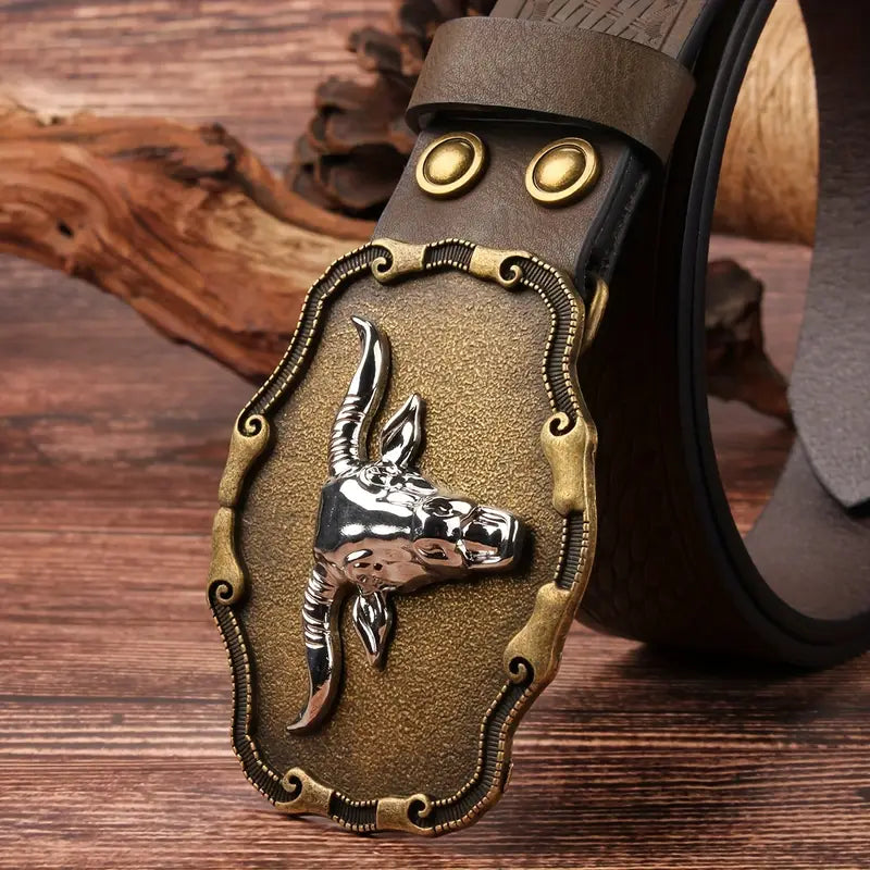 Retro bull head buckle belt